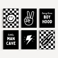 four black and white posters with different types of symbols in the style of rock'n'roll