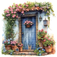 a painting of a blue door surrounded by potted flowers and hanging lanterns with pink roses