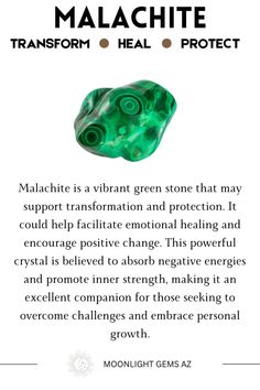 Embrace the transformative energy of Malachite! This striking green crystal is known for its powerful healing and protective properties. Malachite is said to promote emotional balance, enhance intuition, and support personal growth. It may help you release negative energies, boost confidence, and foster a sense of inner strength. Perfect for meditation and transformation, Malachite could be your go-to crystal for a harmonious and empowered life. Discover the dynamic power of Malachite today! 🌿🔮  #Malachite #CrystalHealing #Transformation #EmotionalBalance #HealingCrystals #Intuition #PersonalGrowth #Meditation #Protection #InnerStrength Green Malachite Crystal Meaning, Malakite Stone, Malachite Crystal Meaning, Mindful Crafts, Malachite Meaning, Crystal Grimoire, Womb Healing, Releasing Negative Energy