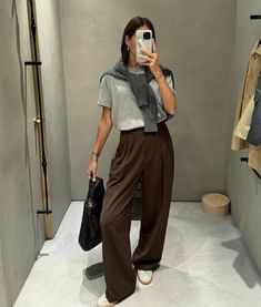 brown aesthetic, brown trouser outfit, brown pants outfit, fall outfits, winter outfits, trousers pants, fall style, fall aesthetic, fall outfit 2024, autumn aesthetic Light Brown Trousers Outfit, Brown Trouser Outfit, Brown Trousers Outfit, Slacks Outfit, Winter Pants Outfit, Winter Trousers, Minimalist Closet, Trouser Outfit