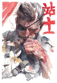 a watercolor painting of a man with sunglasses holding his hand to his face and looking down