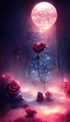 a pink rose surrounded by flowers in the middle of a foggy forest at night