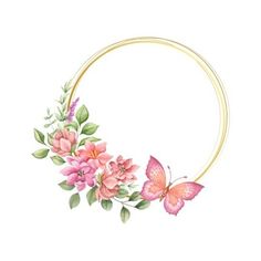 a watercolor painting of pink flowers and butterflies on a gold circle frame with green leaves