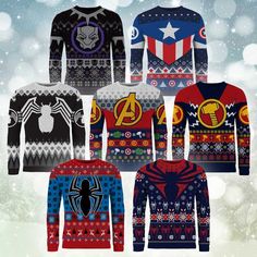 the avengers sweaters are on display in front of snowflakes and sparklers