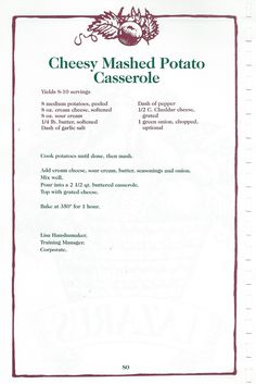 the menu for cheesey mashed potato casserole