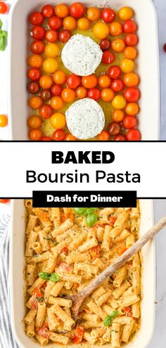 baked boursin pasta in a casserole dish with fresh tomatoes and basil