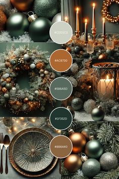 the christmas table is decorated with silver, gold and green ornaments on it's sides