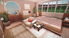 a bedroom with a bed, chair and desk in it's center area that has a cactus mural on the wall