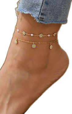 Daisy Anklet, Foot Chain, Pearl Beach, Summer Anklets, Ankle Chain, Gold Alloys, Chain Design, Chain Anklet, Pearl Chain