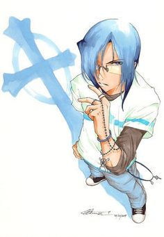 a drawing of a person with blue hair and piercings holding a cross in his hand