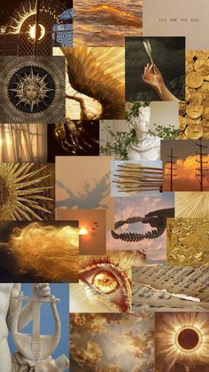 a collage of images with gold and blue colors, including the sun in the sky