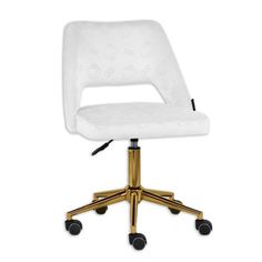 an office chair with wheels and white upholstered fabric on the back, in gold