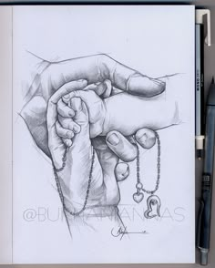 a drawing of two hands holding the hand of another person with a rosary on their wrist