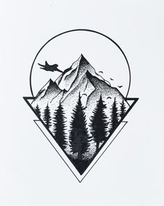 a mountain with trees and an airplane flying over it in the middle of a triangle