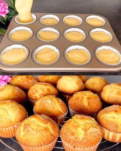 muffins and cupcakes on a cooling rack with flowers in the background