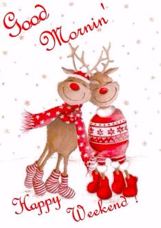 a couple of reindeers hugging each other in winter clothes and mittens, with the words good morning happy weekend