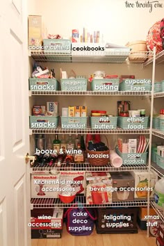 an organized pantry with labels on the shelves