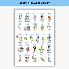 an alphabet chart with cartoon animals and letters