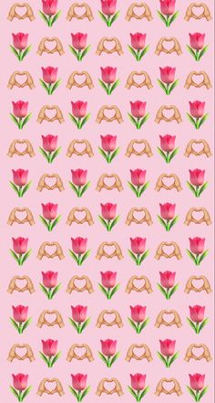 a pink background with flowers and two hands making the shape of a heart on it