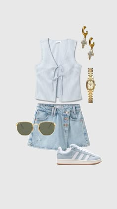 "Get inspired for summer with this trendy outfit! Featuring a light blue pinstriped shirt adorned with bows, a chic denim skort, stylish gold jewelry, and blue Adidas Gazelles. Perfect for a fresh, fashionable look. #SummerStyle #OutfitInspo #TrendyFashion" Adidas Gazelles, Skort Outfit, Denim Skort, Trendy Summer Outfits