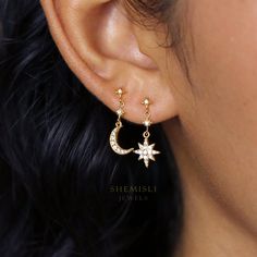 Dainty earrings. A perfect gift for birthday, anniversary, bridesmaids, graduation, friendship, sisters.♡ This is stud earring and comes with butterfly backing.♡ Available in thick 14k gold plated or rhodium plated over solid 925 sterling silver. ■ Gift box ■To reduce unnecessary packing and save trees, each order comes with one gift box only. If you wish to box each jewelry separately, be sure to request in the note to us. Blue Opal Earrings, Yellow Gold Drop Earrings, Star Earring, Celestial Earrings, Triangle Earrings Stud, Moon And Star Earrings, Silver Gift Box, Moon And Star, Moon Jewelry