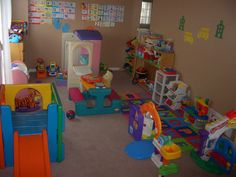 a child's playroom with toys and other items on the floor in it