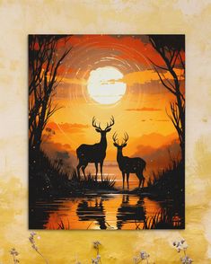 two deer standing in front of a sunset painting on a wall with water and trees