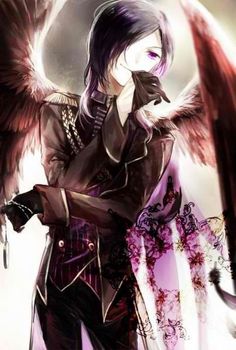 an anime character with purple hair and wings