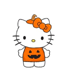 a hello kitty with a pumpkin on it's chest and an orange bow in her hair