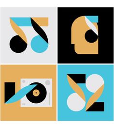 four different types of abstract art work with various shapes and colors, including the letter d