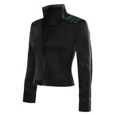 a woman wearing a black jacket with green trims on the sleeves and neckline