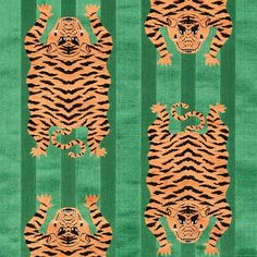 an orange and black tiger pattern on green fabric with vertical horizontal lines in the background