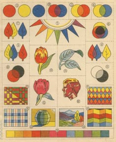 an old book with different types of flowers and geometric designs on the pages, including circles,