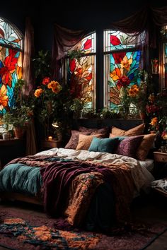 Venture into the heart of an enchanted forest with this bewitching bedroom. Vivid stained glass windows, bursting with petals of ruby, sapphire, and amber, cast a spellbinding dance of colors across the room. A backdrop of deep ebony walls creates the perfect canvas for this fairytale setting. Amidst this magic, a cozy bed beckons, draped in layers of sumptuous fabrics in teal, auburn, and gold, with an array of textured pillows inviting restful dreams.