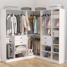 an open closet with clothes and suitcases on the floor next to a wooden floor