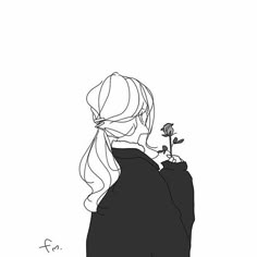 a drawing of a girl with long hair holding a flower in one hand and looking down at the ground