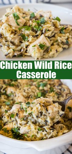 chicken wild rice casserole in a white dish with a spoon