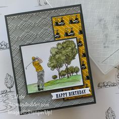 a birthday card with an image of a golf player on the tee and trees in the background