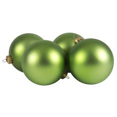 three shiny green christmas ornaments on a white background