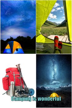 there are four different pictures with the words camping is wonderful on them and an image of a tent in the background