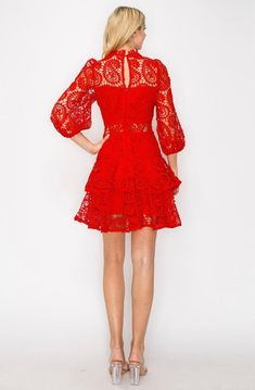 Get ready to turn heads in our Lucia dress. This stunning red lace mini dress is the perfect addition to your wardrobe. Designed with intricate lace detailing, it exudes both elegance and sexiness. Perfect for a night out, date night, or any special occasion. Be the center of attention with our Lucia dress. Spring Wedding Dress With Lace Closure, Summer Cocktail Lace Dress With Lace Sleeves, Lace Dress For Cocktail, Glamorous Scalloped Lace Dresses For Spring, Elegant Mini Length Crochet Dress With Lace Trim, Summer Mini Dress With Lace Bodice For Date Night, Summer Lace Bodice Mini Dress For Date Night, Evening Summer Dress With Lace Closure, Summer Formal Lace Mini Dress