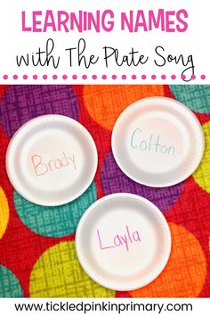 three paper plates with names on them and the words learning names with the plate song