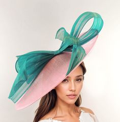 Candy Baby Bright Hot Pink Jade Green Statement Hatinator Kentucky Derby Fascinator Womens Ascot Headwear Ladies Day Hats Formal Fancy Hat Sweet Candy Pink & Jade Green Kentucky Derby Hat This gorgeous two colour large statement fascinator is made up with a large jade green abaca silk bow on an a large candy Pink saucer hatinator sinamay base. This pink and bright green fascinator measures 48cm wide or about 19 inches The jade green and pink headpiece is mounted with a matching headband.   If yo Fitted Brimmed Hat With Bow, Adjustable Mini Hats With Bow For Kentucky Derby, Fitted Hat With Bow And Curved Brim, Adjustable Hats For Church Carnival, Fitted Wide Brim Hat With Bow, Party Hats With Ribbon And Short Brim, Party Hat With Ribbon And Short Brim, Wide Brim Party Hat With Bow, Ribbon Hat For Kentucky Derby Garden Party