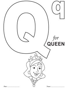 the letter q for queen coloring page with an image of a princess and her crown