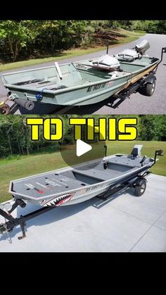 two boats are parked next to each other in the driveway and one is being pulled by a trailer