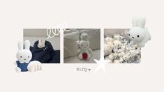 there are three pictures of stuffed animals on the same page, one is white and the other is blue