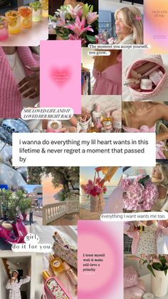 a collage of photos with pink flowers and text that reads, i wanna do everything my heart wants in this valentine's day