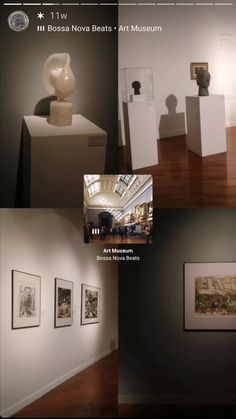 an image of art gallerys with pictures on the wall and in the middle one is a sculpture