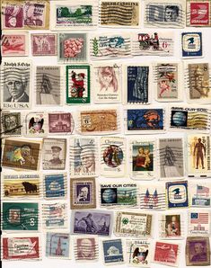 many different postage stamps are arranged together