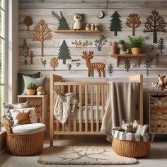 a baby's room with wooden walls and deer decorations on the wall, including a crib